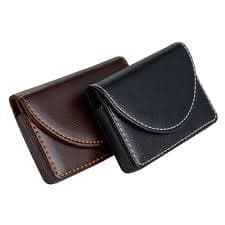 A slim brown leather cardholder wallet.